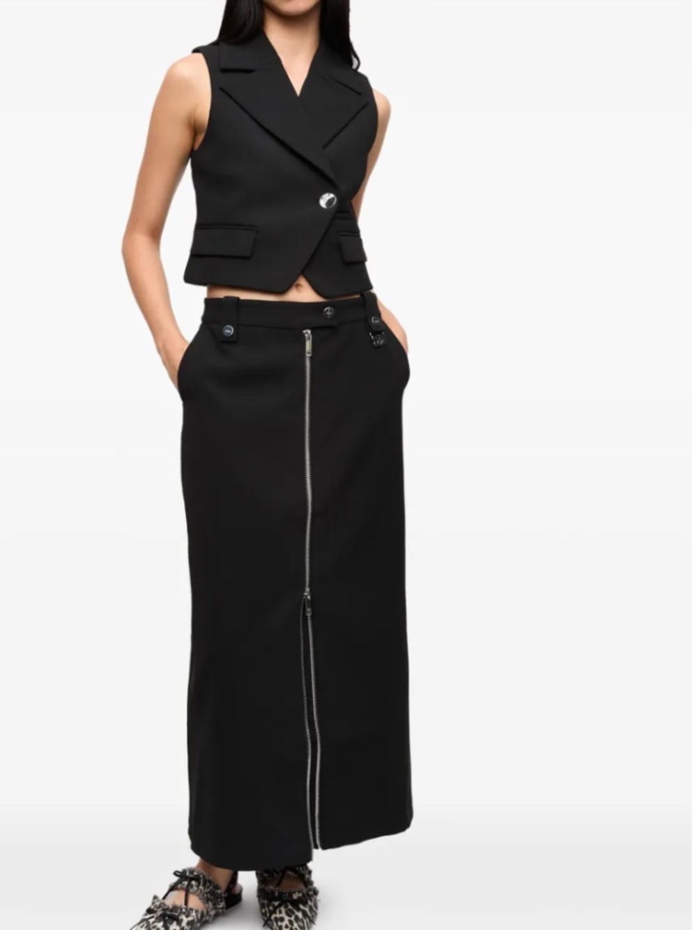Ganni Black Zip-Front Midi Skirt